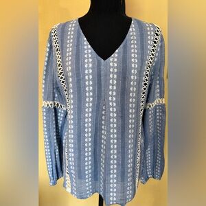 Buffalo David Bitton Blue and White V-Neck Blouse